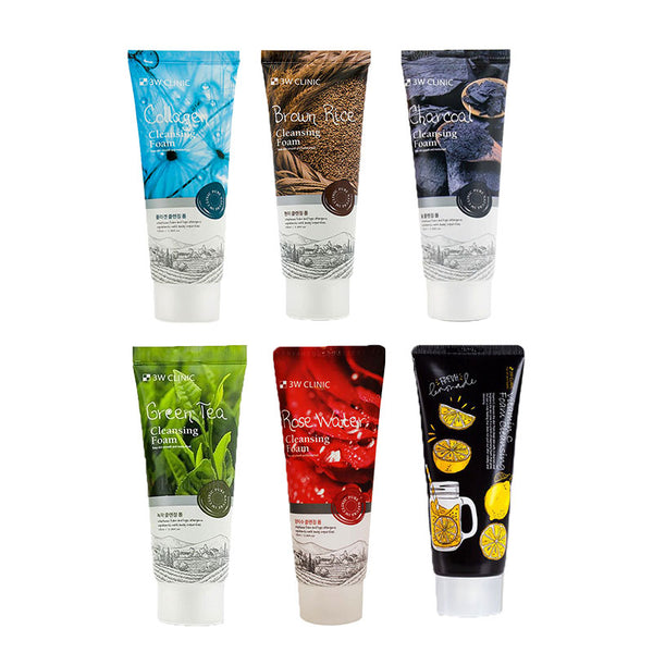 3W CLINIC Cleansing Foam Rose/Vitamin C/Green Tea/Charcoal/Brown Rice/Collagen 100ml (6Types)